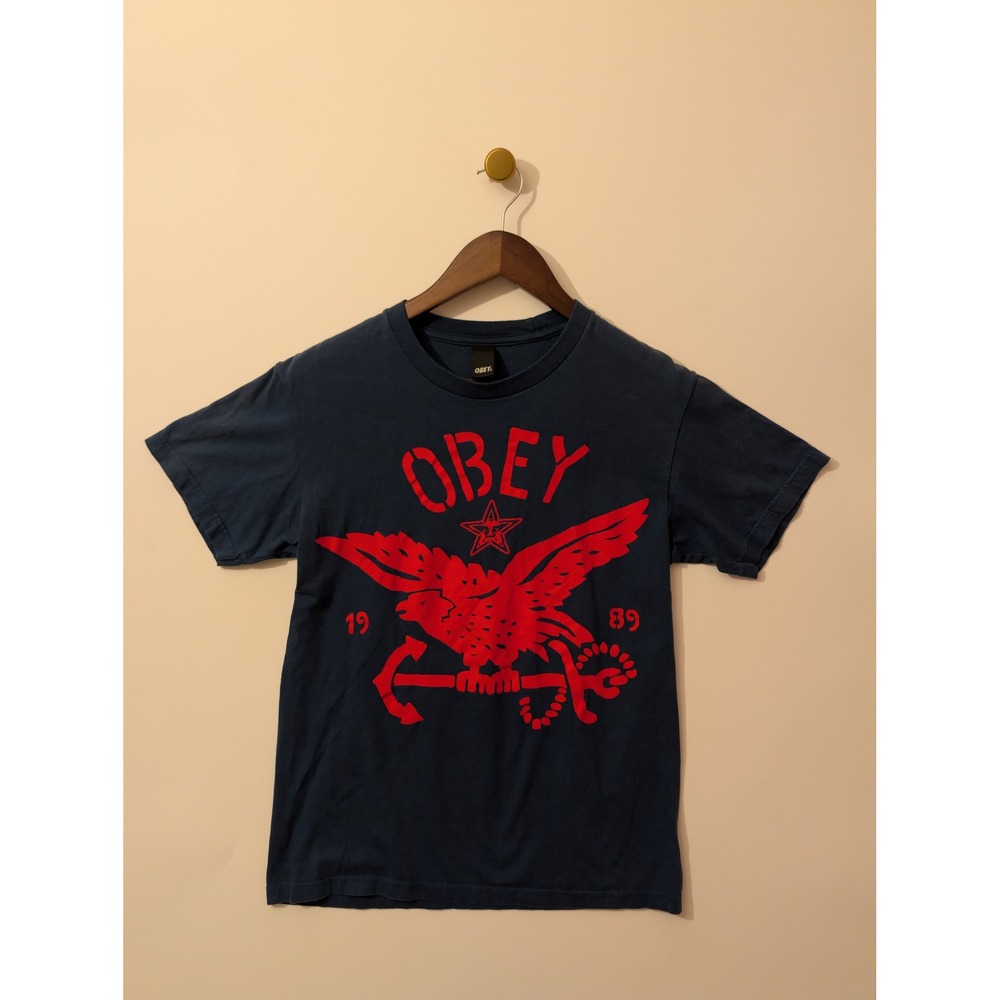 Obey Graphic T-Shirt Mens Small Blue Excellent Eagle Anchor Streetwear Tee